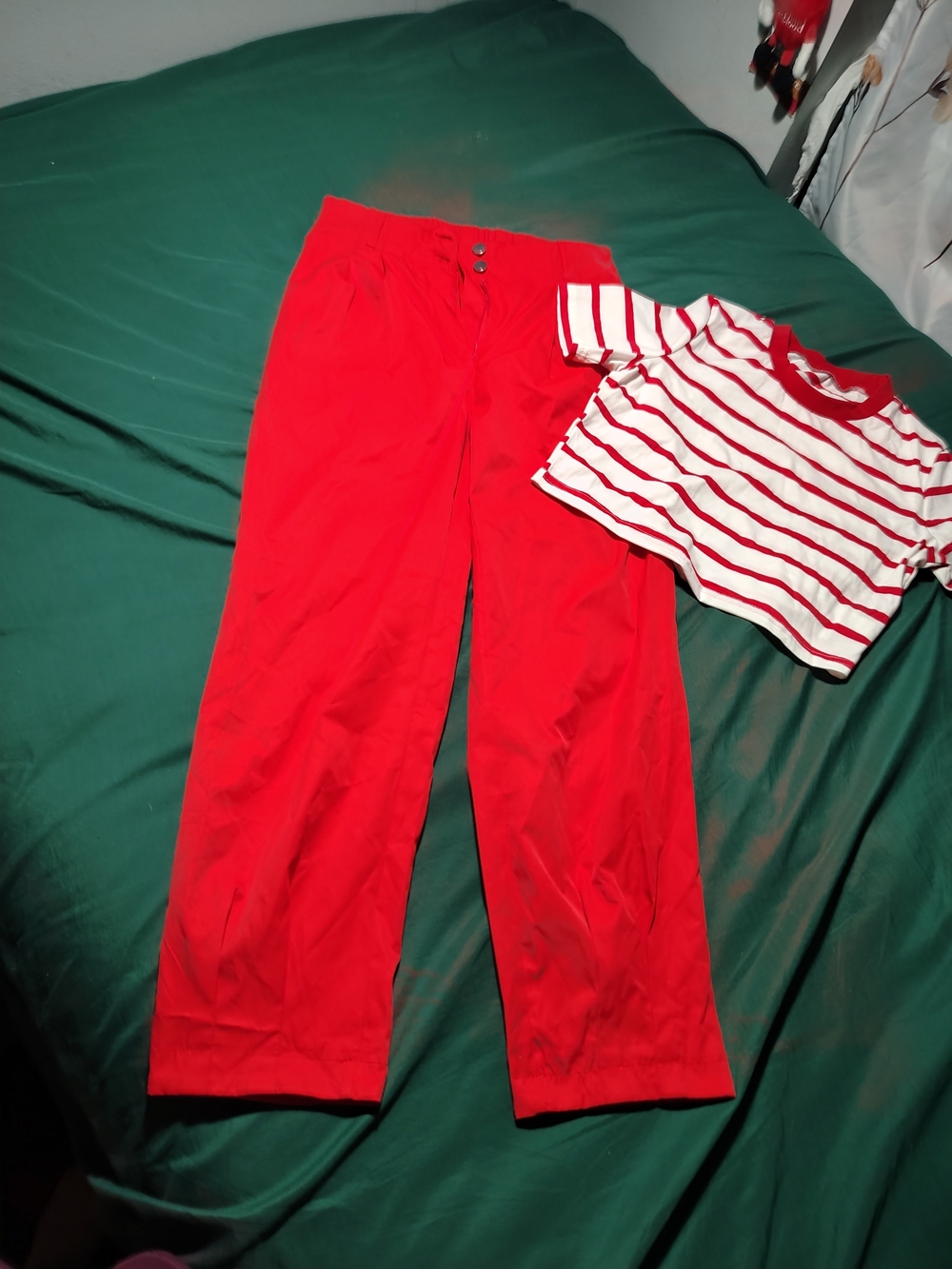 Bright Red High-Waist Wide-Leg Pants And Striped Crop Tee